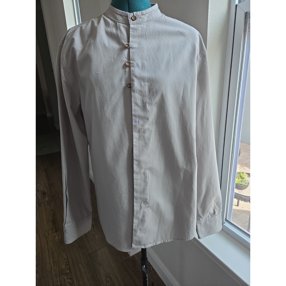 Caominmayi Button Up Shirt Mens 3XL Pearl Gray Mandarin Cotton Hemp Long Sleeve